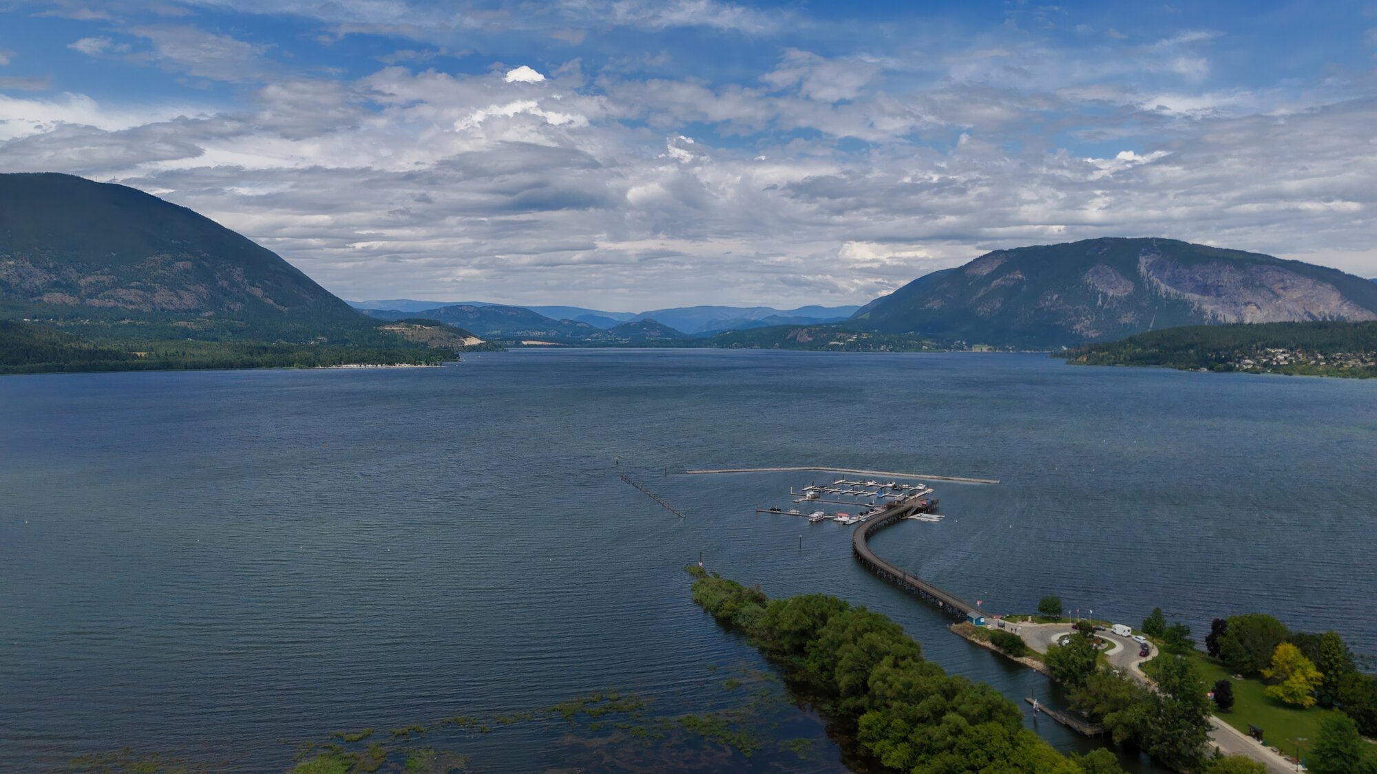 An aerial view of the wharf, marina, and Shuswap Lake at Marine Peace Park